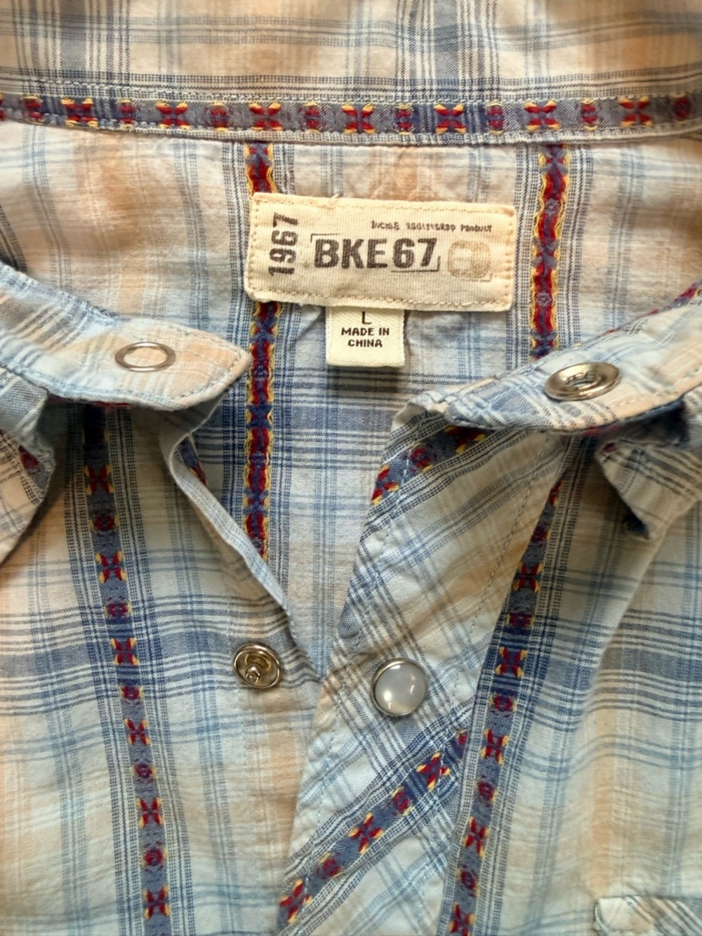 BKE Buckle Plaid Western Snap Shirt Mens Large Blue Tan Embroidered Cotton - Picture 6 of 11